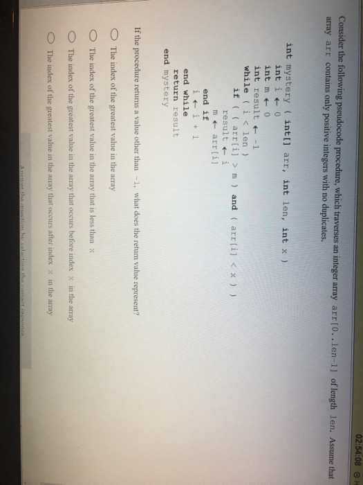 Solved 02:54:08 H Consider the following pseudocode | Chegg.com