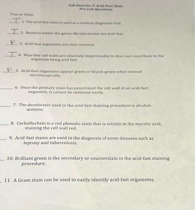 Solved True or False Lab Exercise 5: Acid-Fast Stain Pre-Lab | Chegg.com