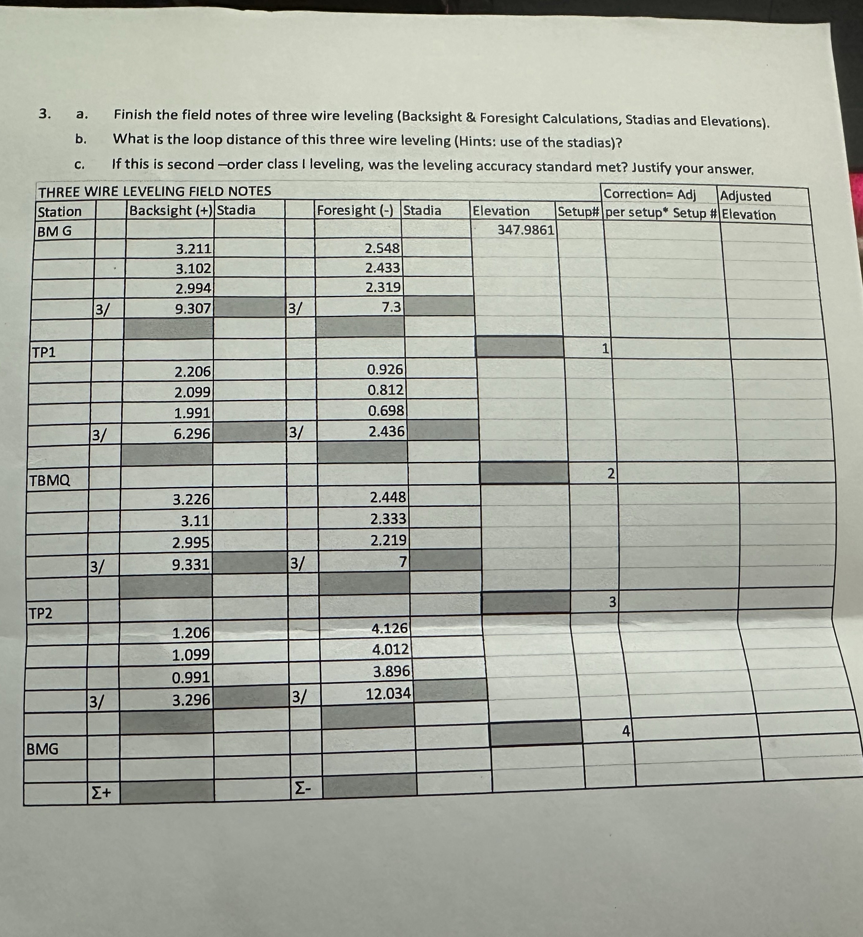Solved a. ﻿Finish the field notes of three wire leveling | Chegg.com
