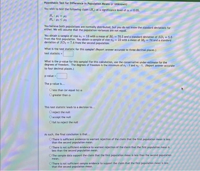 Solved Hypothesis Test for Difference in Population Means ( | Chegg.com