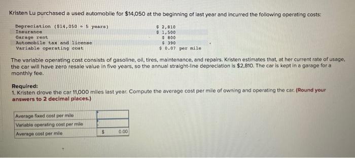 Solved Kristen Lu purchased a used automobile for $14,050 at | Chegg.com