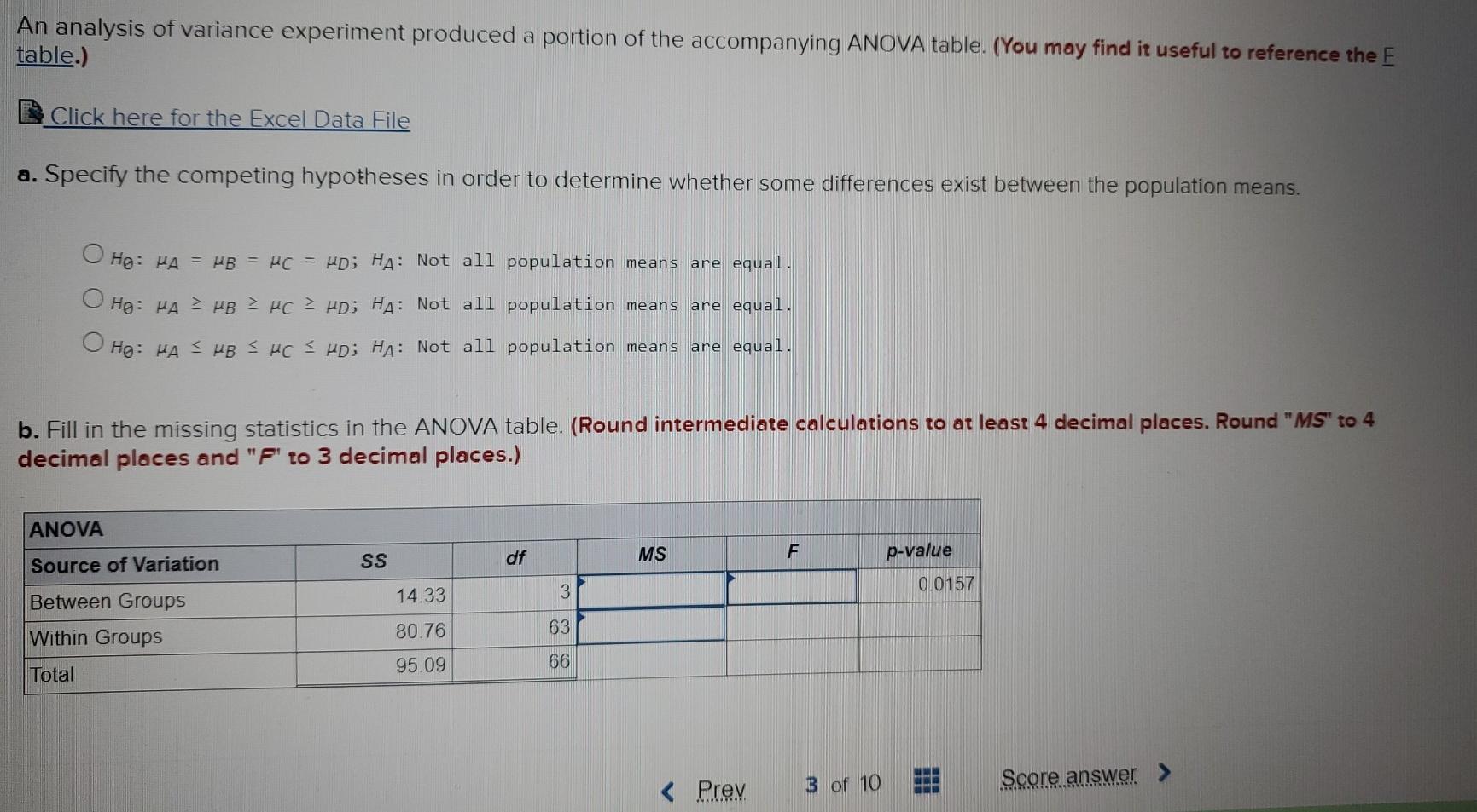 Solved An Analysis Of Variance Experiment Produced A Portion | Chegg.com