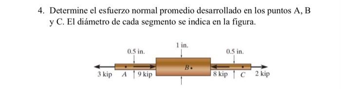 4. Determine el esfuerzo normal promedio desarrollado en los puntos A, B y C. El diámetro de cada segmento se indica en la fi