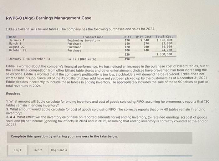 RWP6-8 (Algo) Earnings Management Case
Eddies Galleria sells billiard tables. The company has the following purchases and sa