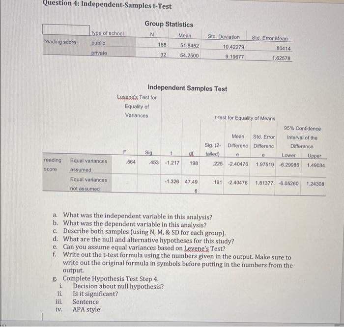 Solved Question 4: Independent-Samples t-Test a. What was | Chegg.com