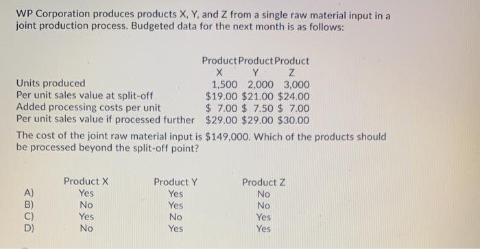 Solved WP Corporation Produces Products X, Y, And Z From A | Chegg.com