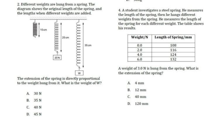 The extension of an elastic spring is found to vary directly with the  weightnsuspended from it. If a weight of 75 kg produces an extension of (  1.4 mathrm { cm } , )