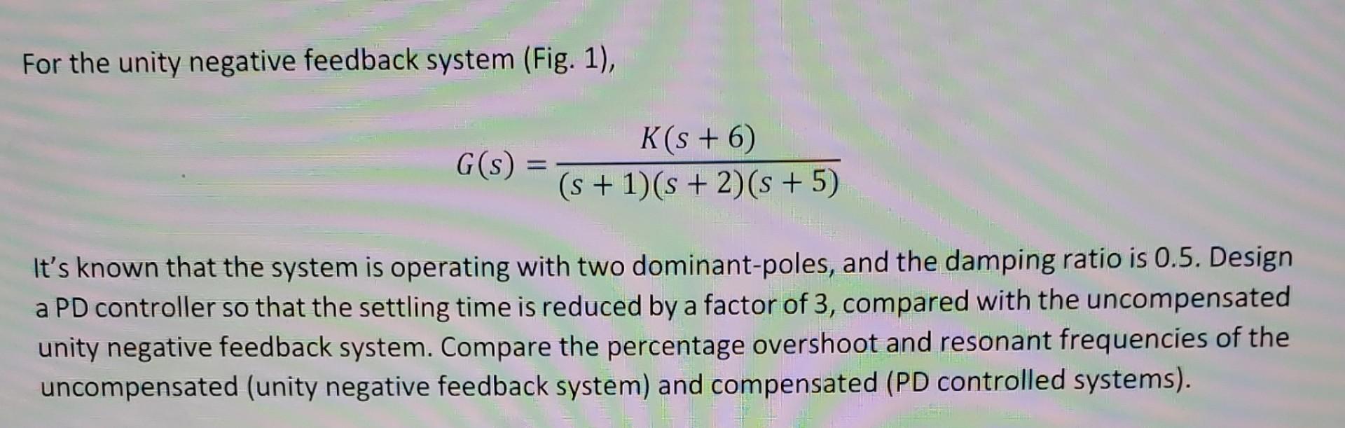 Solved For the unity negative feedback system (Fig. 1), | Chegg.com