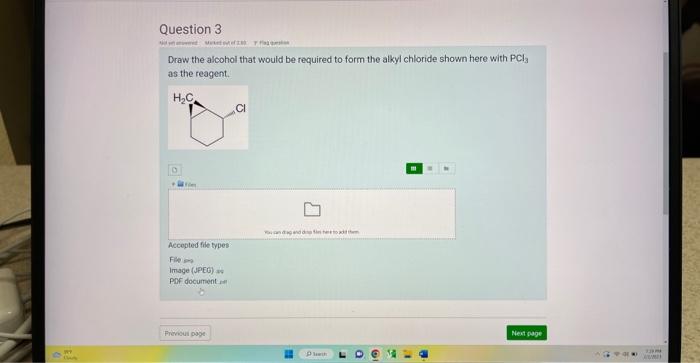 Draw the alcohol that would be required to form the alkyl chloride shown here with \( \mathrm{PCl}_{3} \) as the reagent.