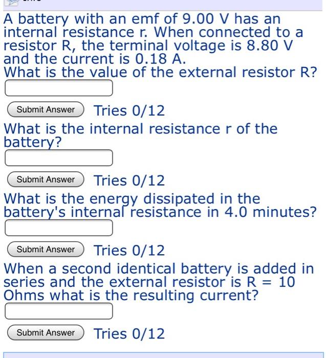 Solved A battery with an emf of 9.00 V has an internal