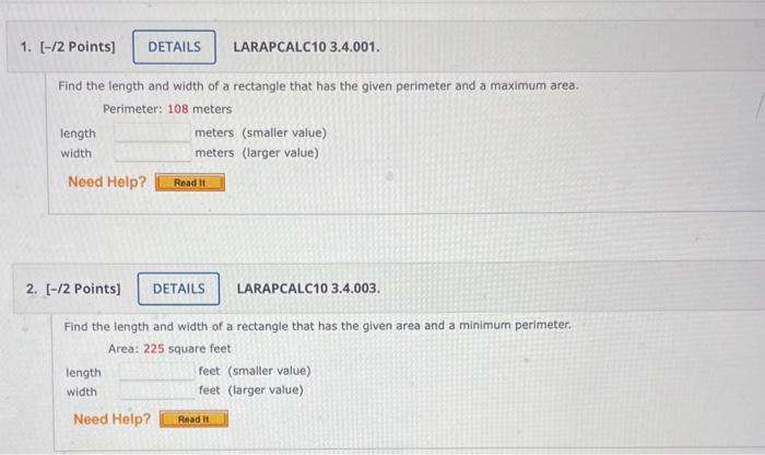 Solved Find the length and width of a rectangle that has the | Chegg.com