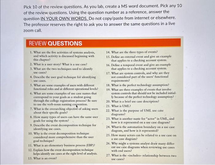 Solved Pick 10 of the review questions. As you lab, create a | Chegg.com