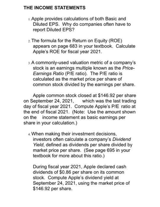 Solved THE INCOME STATEMENTS 1. Apple provides calculations | Chegg.com