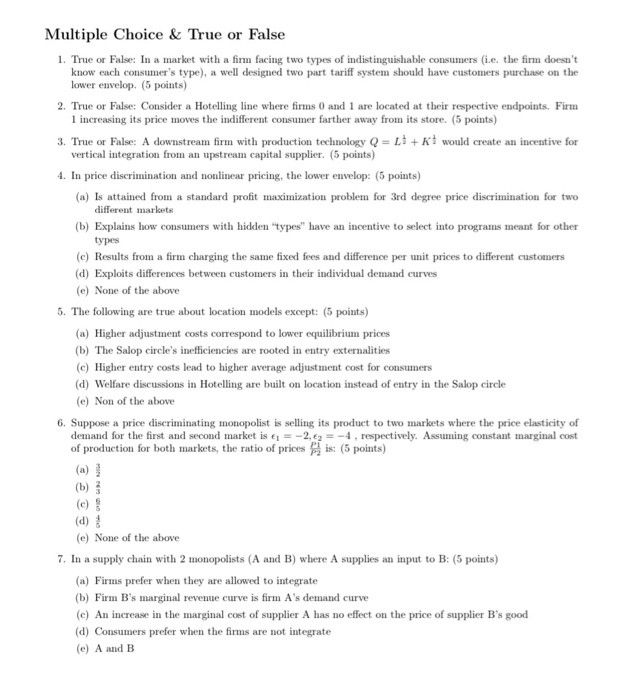 Solved Multiple Choice And True Or False 1 True Or False In