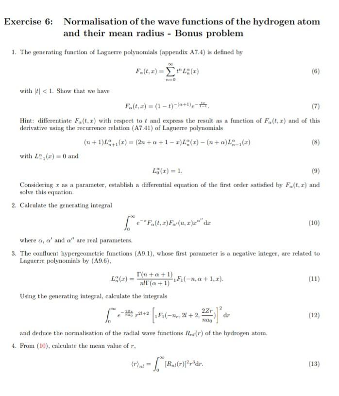 Solved Exercise 6: Normalisation Of The Wave Functions Of | Chegg.com