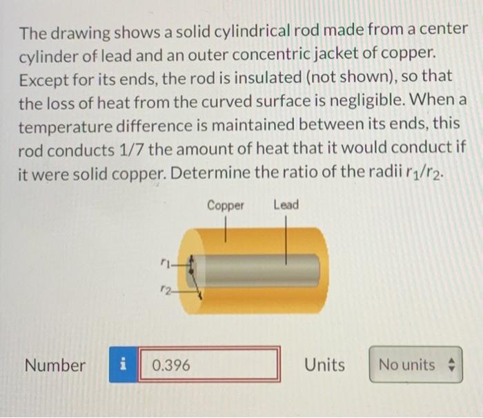 The drawing shows a solid cylindrical rod made from a center cylinder of lead and an outer concentric jacket of copper. Excep