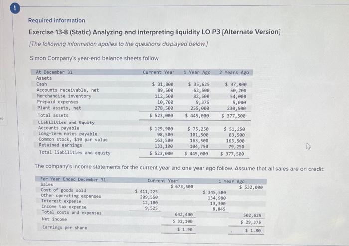 Solved Required information Exercise 13-8 (Static) Analyzing | Chegg.com