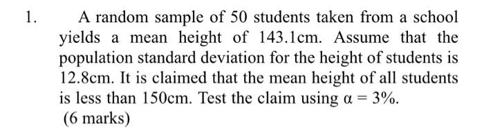 Solved A random sample of 50 students taken from a school | Chegg.com