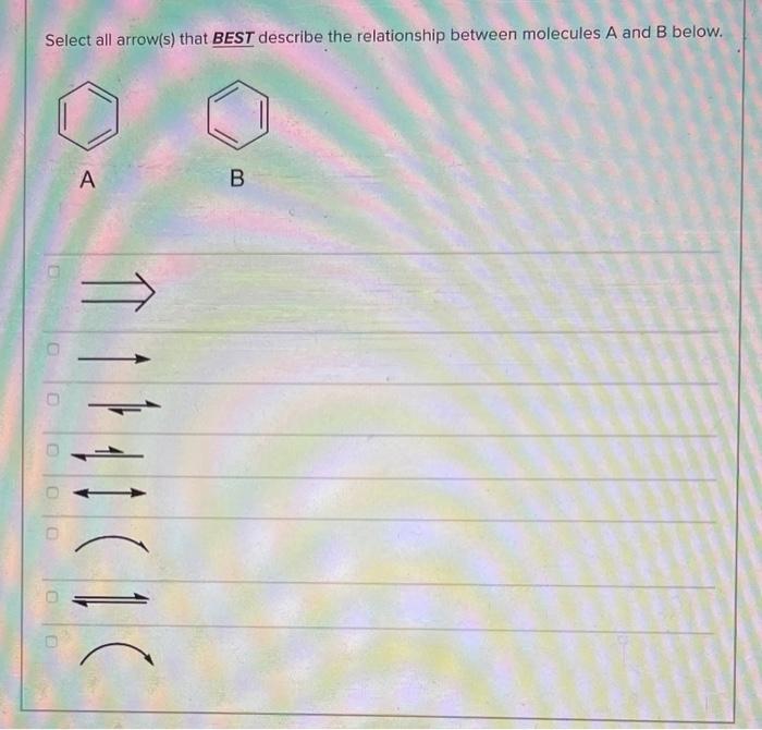 Select all arrow(s) that BEST describe the relationship between molecules \( A \) and \( B \) below.
A