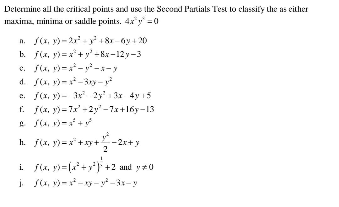 Determine all the critical points and use the Second Partials Test to classify the as either maxima, minima or saddle points.