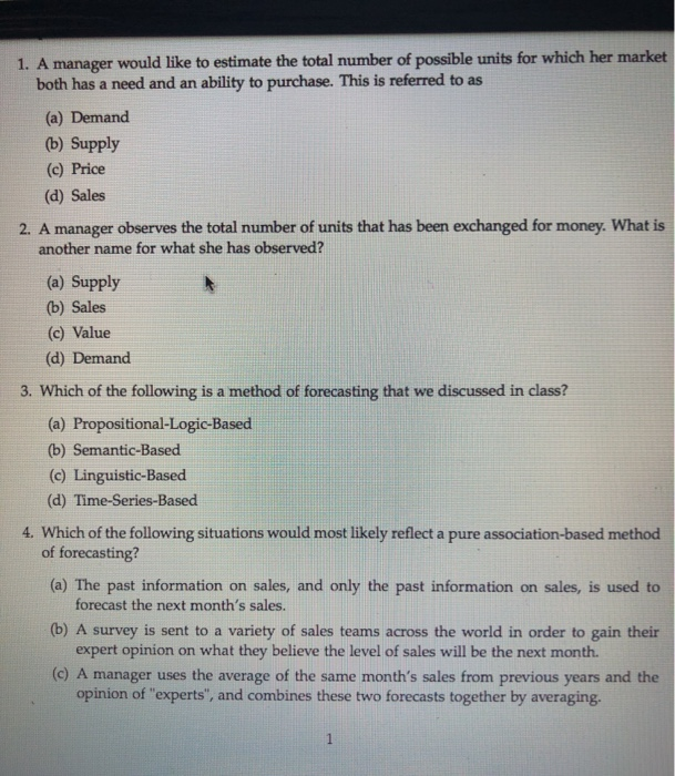 Solved 1. A manager would like to estimate the total number | Chegg.com
