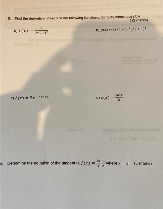 Solved 5. Find the derivative of each of the following | Chegg.com