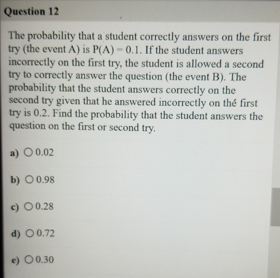 Solved Question 12 The probability that a student correctly | Chegg.com