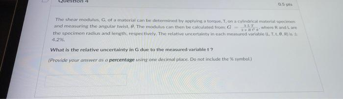 Solved stion 4 05 pts 2. Where andre The shear modulus, G of | Chegg.com