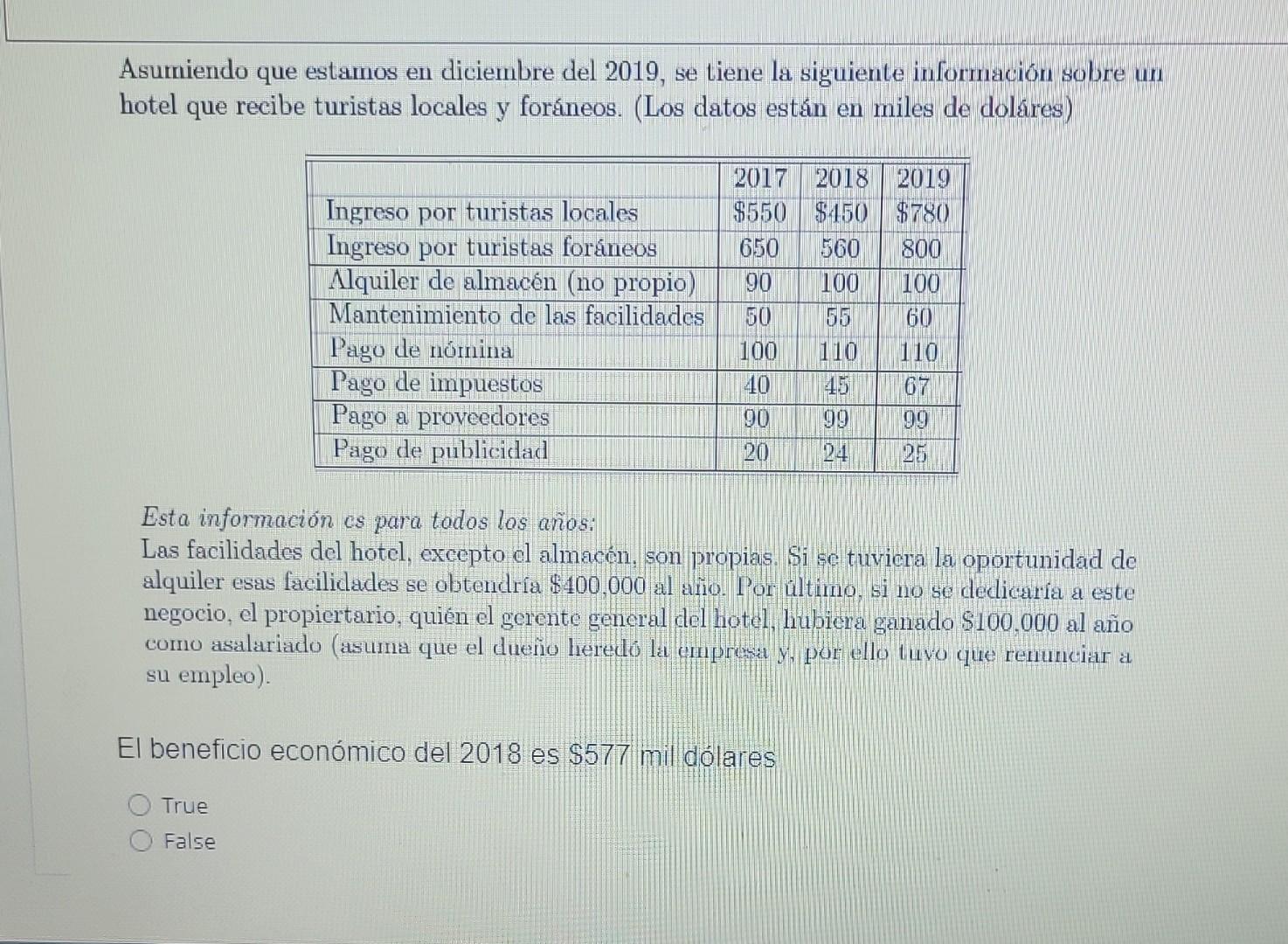 Asumiendo que estamos en diciembre del 2019 , se tiene la siguiente información sobre un hotel que recibe turistas locales y