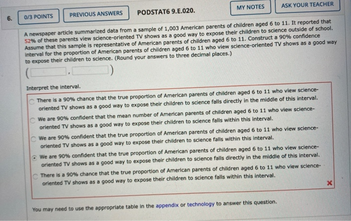 My Notes Ask Your Teacher Previous Answers Podstat6 Chegg Com