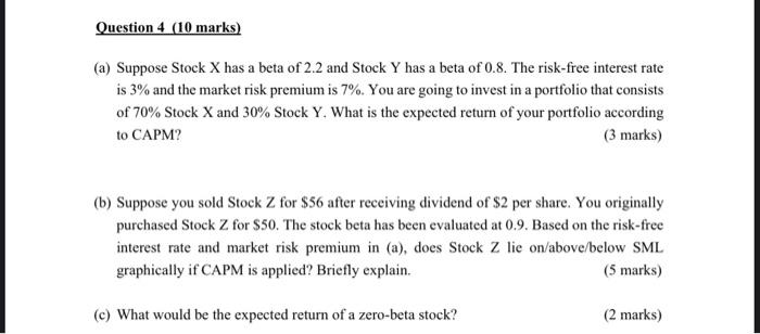 Solved (a) Suppose Stock X Has A Beta Of 2.2 And Stock Y Has | Chegg.com