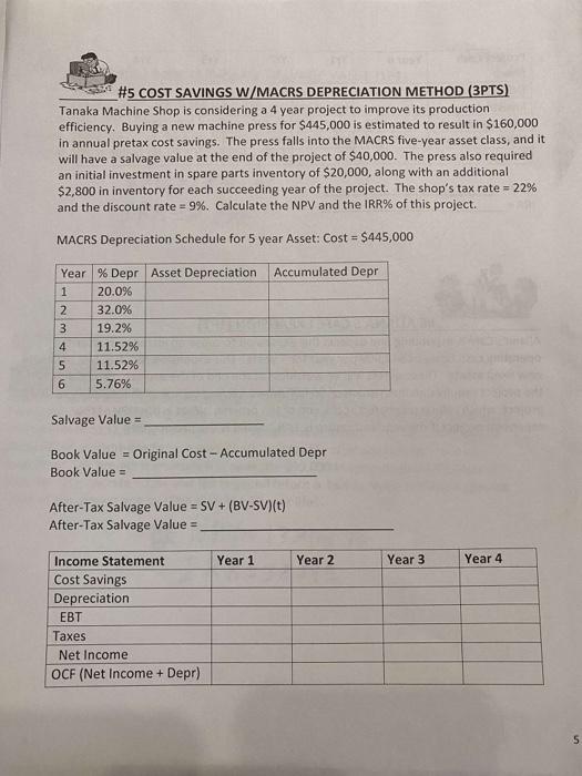 Solved 5 cost savings w macrs depreciation method 3pts chegg