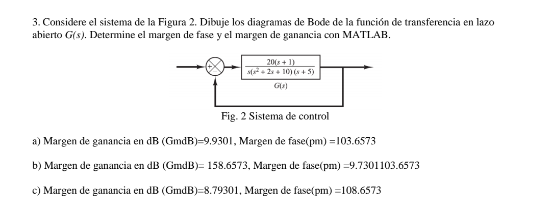 3. Considere el sistema de la Figura 2. Dibuje los diagramas de Bode de la función de transferencia en lazo abierto \( G(s) \