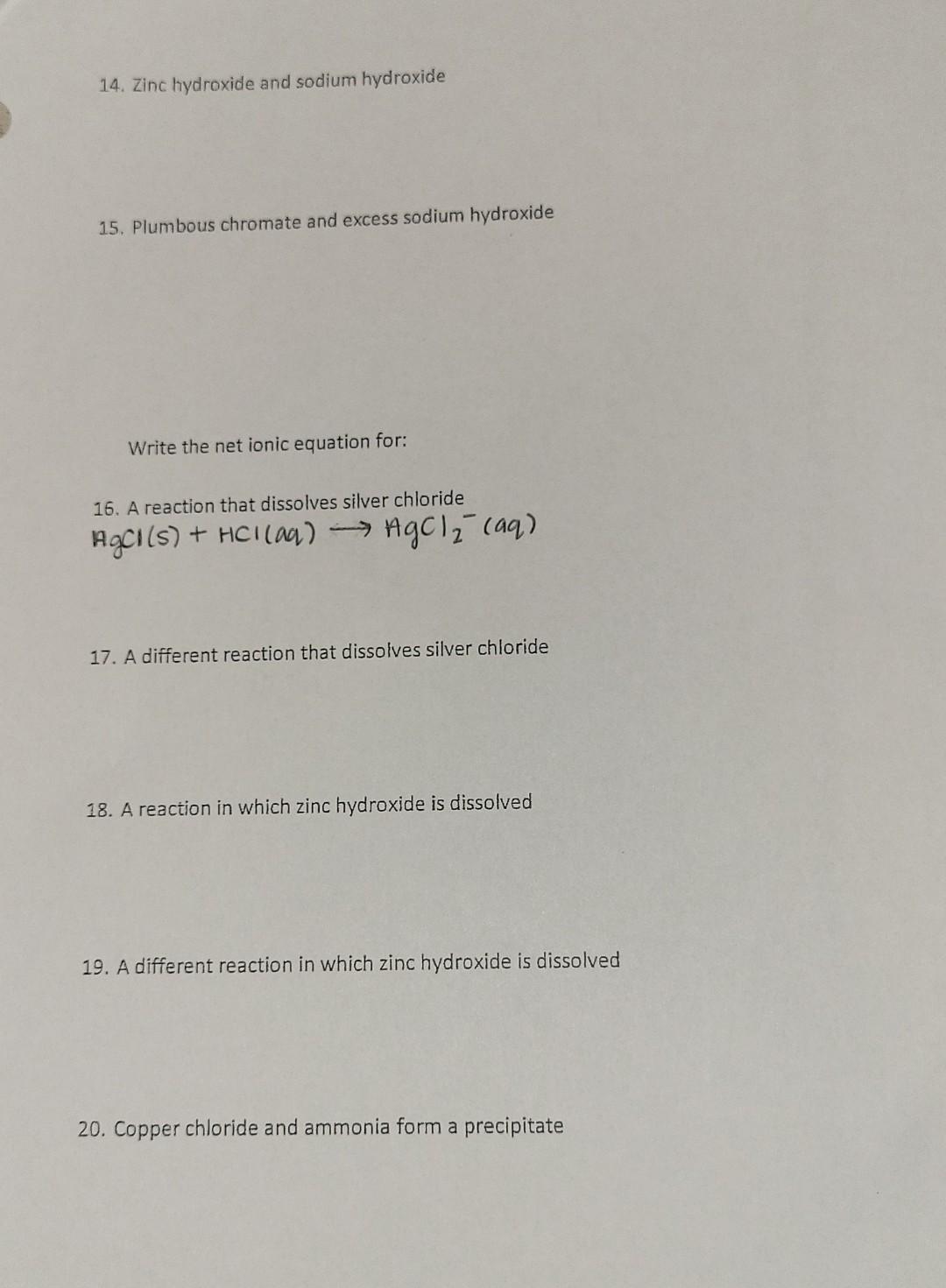 14. Zinc hydroxide and sodium hydroxide 15. Plumbous