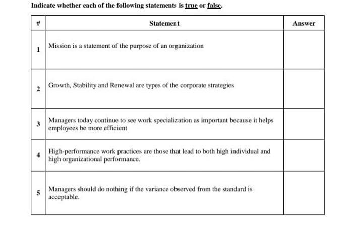 Solved Indicate Whether Each Of The Following Statements Is 