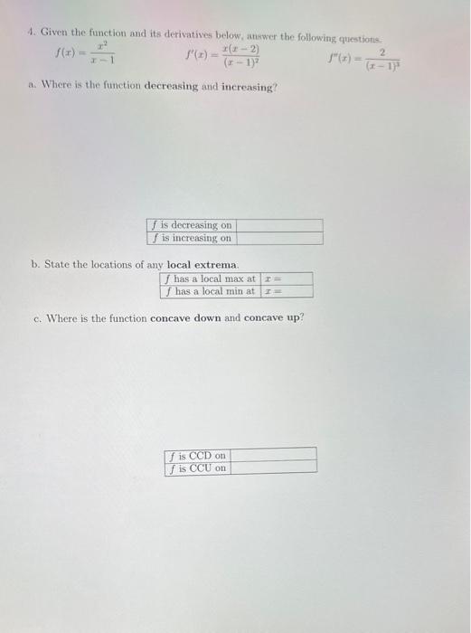 Solved 4. Given the function and its derivatives below, | Chegg.com
