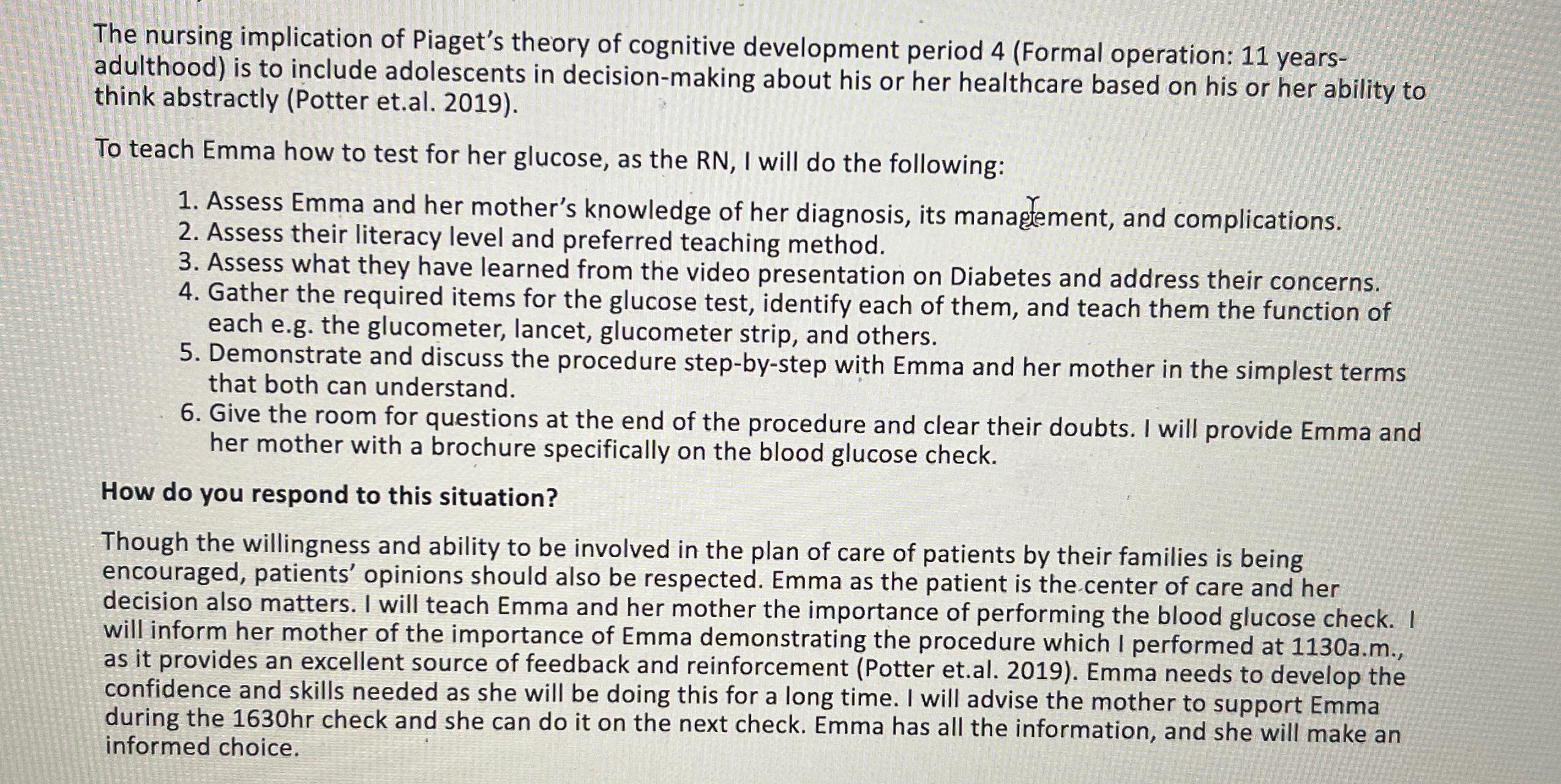 Solved The nursing implication of Piaget s theory of Chegg