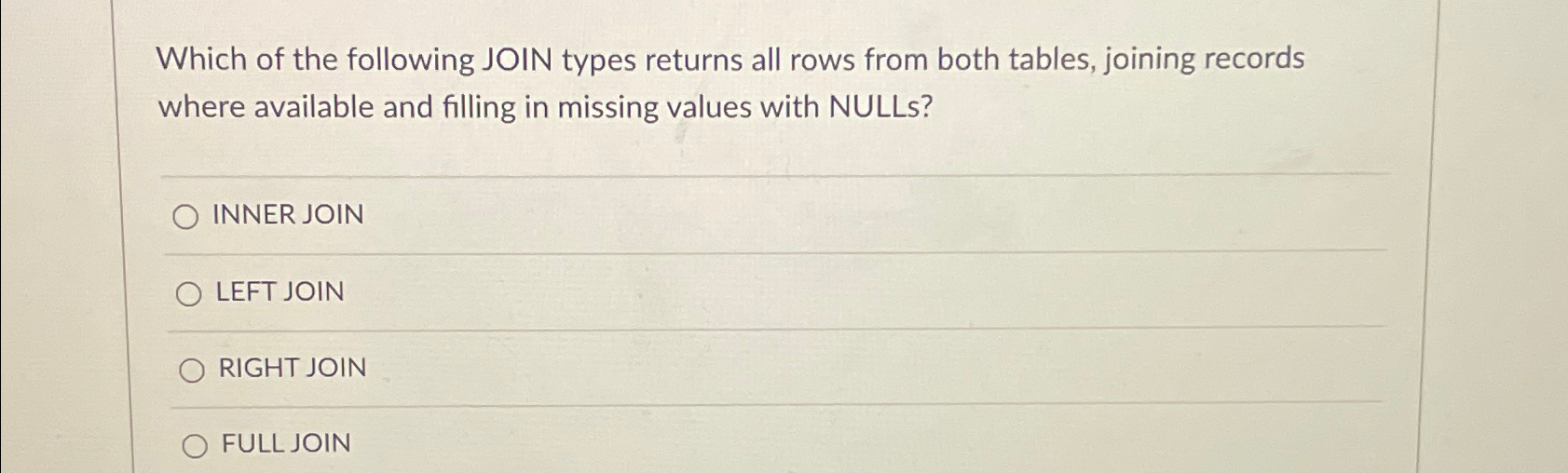 Solved which of the following join types returns all rows chegg