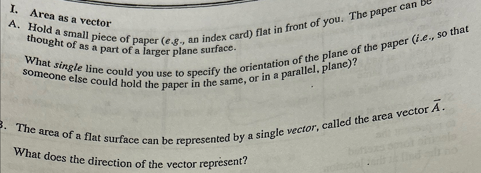 Solved I. Area as a vectorA. ﻿Hold a small piece of paper | Chegg.com