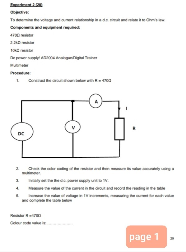 Solved Experiment 2 (20) Objective: To determine the voltage | Chegg.com