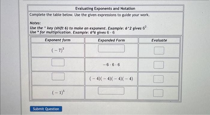 Evaluating Exponents and Notation
Complete the table below. Use the given expressions to guide your work.
Notes:
Use the \( {