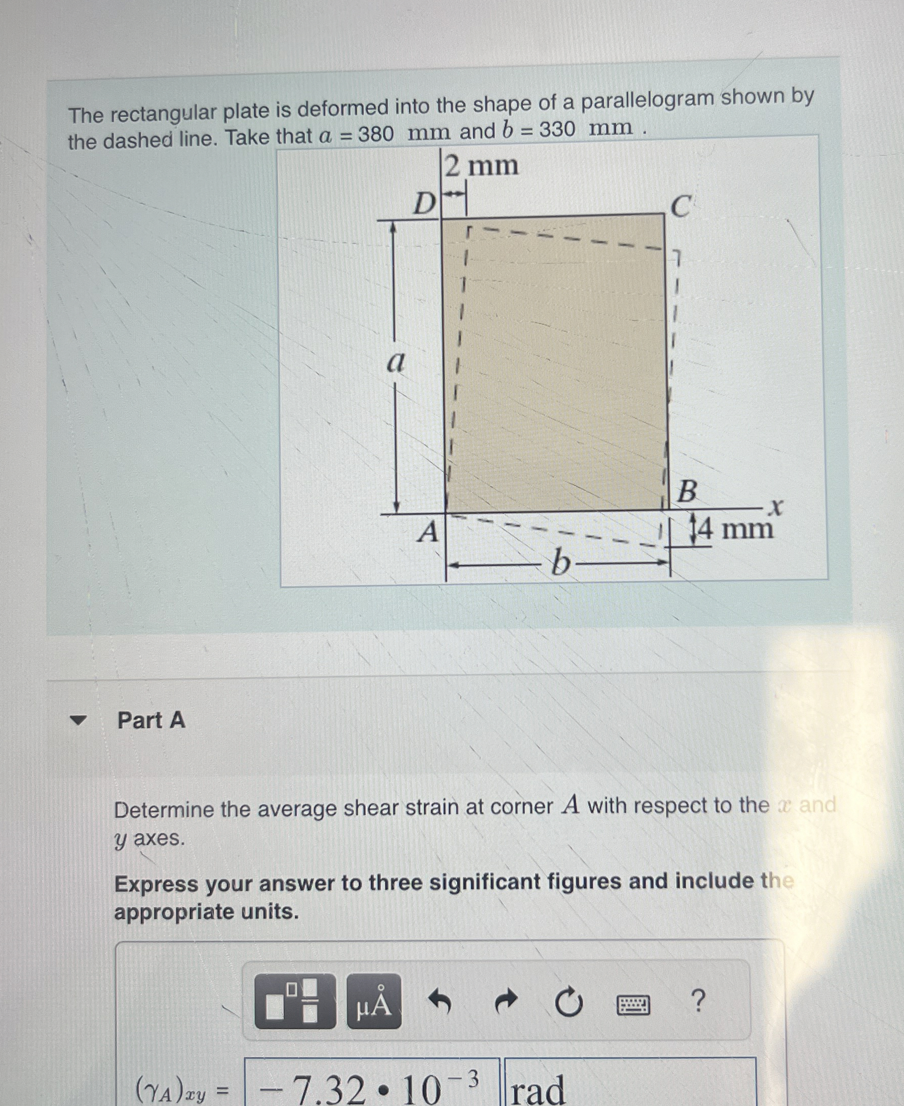 Solved The rectangular plate is deformed into the shape of a | Chegg.com