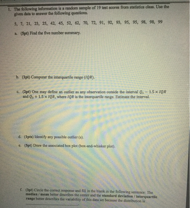 Solved 1. The following information is a random sample of 19 | Chegg.com
