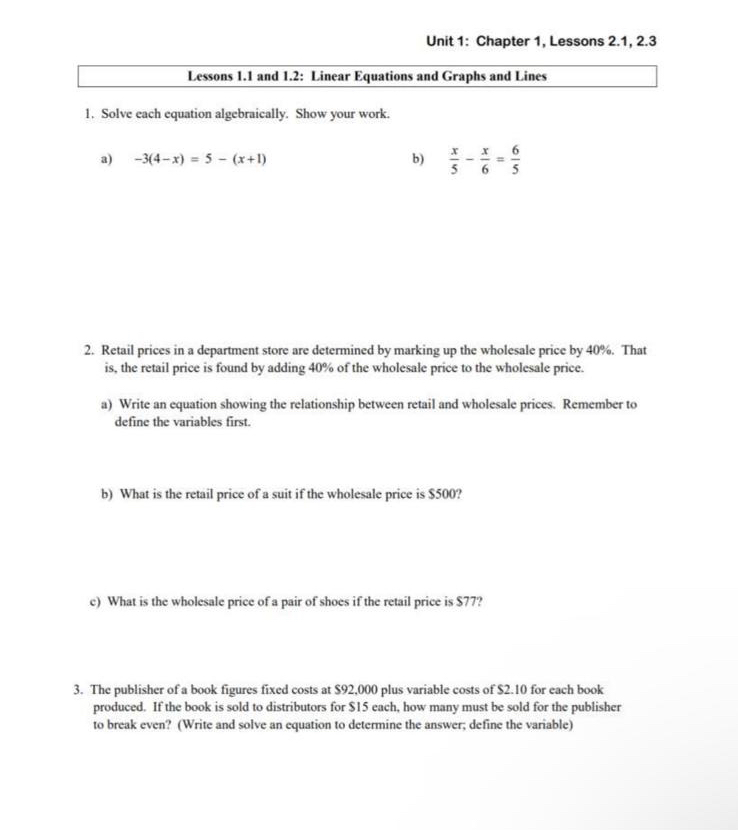 Unit 1: Chapter 1, ﻿Lessons 2.1, 2.3Lessons 1.1 ﻿and | Chegg.com