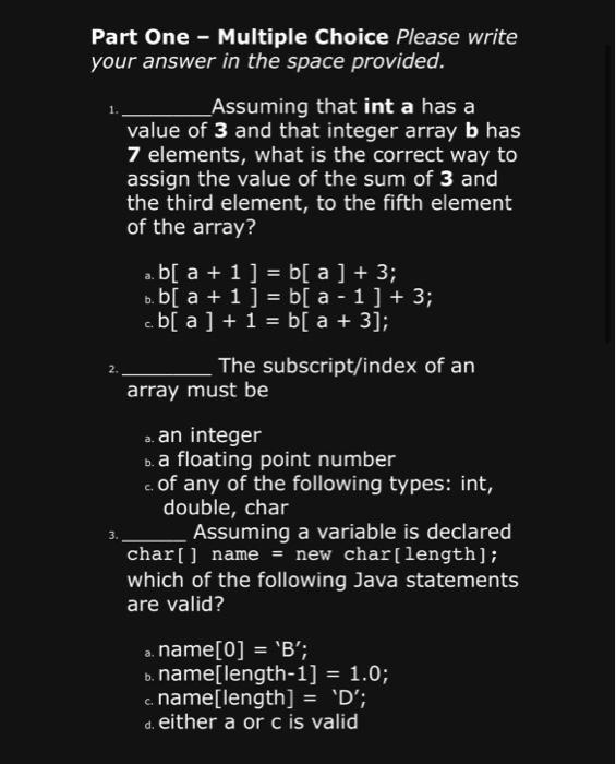 Solved Part One - Multiple Choice Please write your answer | Chegg.com