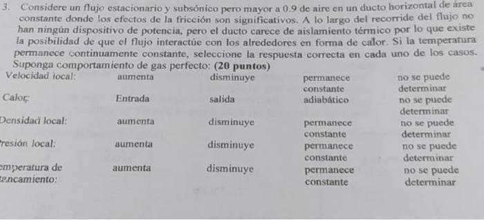 3. Considere un flujo estacionario y subsónico pero mayor a \( 0.9 \) de aire en un ducto horizontal de area constante donde