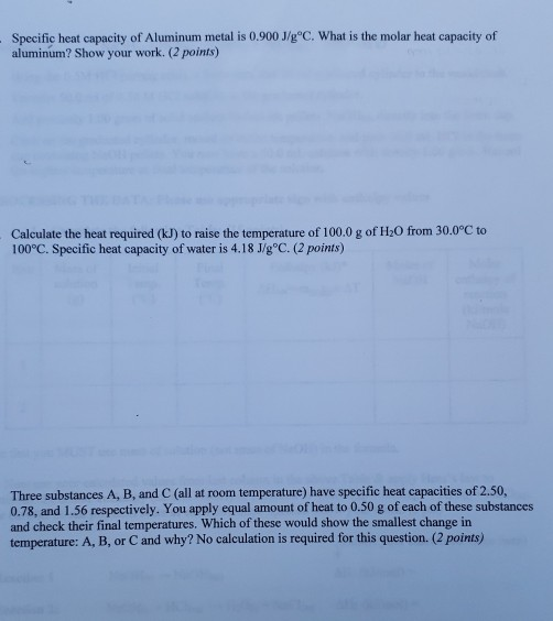 Solved Specific heat capacity of Aluminum metal is 0.900 J/g