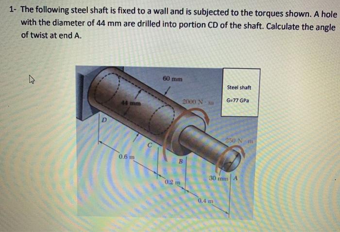 Solved 1- The following steel shaft is fixed to a wall and | Chegg.com