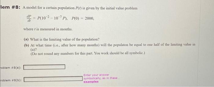 Solved m \#8: A model for a certain population P(t) is given | Chegg.com