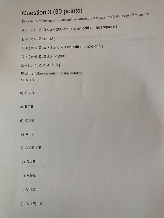 Solved Question 3 (30 points) Refer to the following sets | Chegg.com
